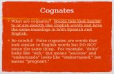 Cognates What are cognates? Words that look similar to or are exactly like English words and have the same meanings in both Spanish and English. Be careful!