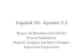 Español 2H- Apuntes 3.3 Repaso de Mandatos (tú/Ud/Uds) Present Subjunctive Regular, Irregular and Stem Changers Impersonal Expressions.