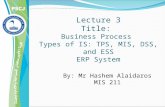 Lecture 3 Title:  Business Process  Types of IS: TPS, MIS, DSS, and ESS ERP System