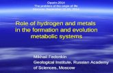 Role of hydrogen and metals  in the formation and evolution metabolic systems
