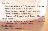 So Far: Conservation of Mass and Energy Pressure Drop in Pipes Flow Measurement Instruments