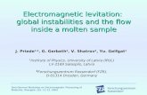 Electromagnetic levitation:  global instabilities and the flow inside a molten sample