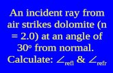 An incident ray from air strikes dolomite (n = 2.0) at an angle of 30 o  from normal.