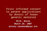 Prior informed consent to patent applications by donors of human genetic material