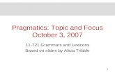 Pragmatics: Topic and Focus October 3, 2007