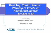 Meeting Youth Needs:  Working to Create an  Adolescent System  of Care in CA