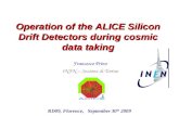 Operation of the ALICE Silicon Drift Detectors during cosmic data taking