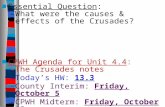 Essential Question : What were the causes & effects of the Crusades?  CPWH Agenda for Unit 4.4 :