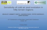 Sensitivity of cold air pool evolution in hilly terrain regions