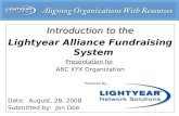 Introduction to the Lightyear Alliance Fundraising System Presentation for ABC XYX Organization Date:  August, 28, 2008 Submitted by:  Jon Doe