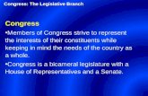 Congress Memb ers of Congress strive to represent the interests of their constituents while keeping in mind the needs of the country as a whole.