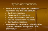 Types of Reactions There are five types of chemical reactions we will talk about: 1. 1. Synthesis reactions 2. 2. Decomposition reactions 3. 3. Single.