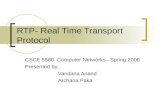 RTP- Real Time Transport Protocol CSCE 5580 Computer Networks– Spring 2006 Presented by: Vandana Anand Archana Paka.