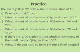 Practice The average IQ is 99, with a standard deviation of 15. a)Draw a Normal Curve b)What percent of people have a higher IQ than 129? c)What percent.