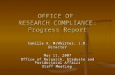 OFFICE OF RESEARCH COMPLIANCE: Progress Report Camille A. McWhirter, J.D. Director May 11, 2007 Office of Research, Graduate and Postdoctoral Affairs Staff.