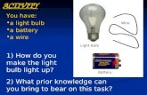 ACTIVITY You have: a light bulb a battery a wire 1) How do you make the light bulb light up? Light Bulb Battery Wire 2) What prior knowledge can you bring.