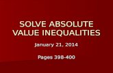 SOLVE ABSOLUTE VALUE INEQUALITIES January 21, 2014 Pages 398-400.