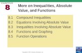 Copyright © 2011 Pearson Education, Inc. More on Inequalities, Absolute Value, and Functions CHAPTER 8.1Compound Inequalities 8.2Equations Involving Absolute.