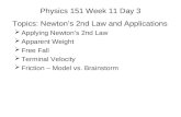 Physics 151 Week 11 Day 3 Topics: Newton’s 2nd Law and Applications  Applying Newton’s 2nd Law  Apparent Weight  Free Fall  Terminal Velocity  Friction.