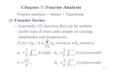 7- 1 Chapter 7: Fourier Analysis Fourier analysis = Series + Transform ◎ Fourier Series -- A periodic (T) function f(x) can be written as the sum of sines.