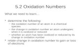 5.2 Oxidation Numbers What we need to learn… determine the following: –the oxidation number of an atom in a chemical species –the change in oxidation number.