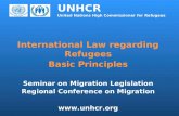 UNHCR United Nations High Commissioner for Refugees International Law regarding Refugees Basic Principles Seminar on Migration Legislation Regional Conference.