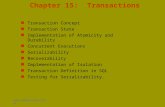 Chapter 15: Transactions Transaction Concept Transaction State Implementation of Atomicity and Durability Concurrent Executions Serializability Recoverability.