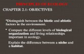 Distinguish between the biotic and abiotic factors in the environment. PRINCIPLES OF ECOLOGY CHAPTER 2.1: OBJECTIVES Compare the different levels of biological.