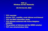 TCP on Wireless Ad Hoc Networks CS 218 Oct 22, 2003 TCP overview Ad hoc TCP : mobility, route failures and timeout TCP and MAC interaction study TCP fairness.