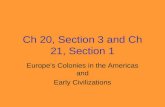 Ch 20, Section 3 and Ch 21, Section 1 Europe’s Colonies in the Americas and Early Civilizations.