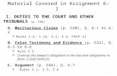 Material Covered in Assignment 6-1 I. DUTIES TO THE COURT AND OTHER TRIBUNALS (p. 530) A. Meritorious Claims (p. 530), Q. 6-1 to 6-2  Rules 1.2; 1.16;