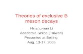 Theories of exclusive B meson decays Hsiang-nan Li Academia Sinica (Taiwan) Presented at Beijing Aug. 13-17, 2005.