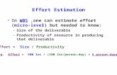 Effort Estimation In WBS,one can estimate effort (micro-level) but needed to know: –Size of the deliverable –Productivity of resource in producing that.