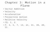 Chapter 3: Motion in a Plane Vector Addition Velocity Acceleration Projectile motion Relative Velocity CQ: 1, 2. P: 3, 5, 7, 13, 21, 31, 39, 49, 51.