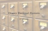 Dewey Decimal System 5 th Grade What is the Dewey Decimal System? A way to organize books into groups or categories Invented in 1876 by Melvil Dewey,