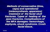 Methods of conservative (tires, caps) and operational (osteosynthesis, apparatus) treatment of the facial skull fractures. Types of healing of the jaws.