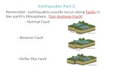 Earthquakes Part 2 Remember- earthquakes usually occur along faults in the earth’s lithosphere. (San Andreas Fault) - Normal Fault - Reverse Fault - Strike.