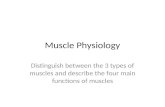 Muscle Physiology Distinguish between the 3 types of muscles and describe the four main functions of muscles.