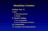 Mendelian Genetics Reading: Chap. 14 I. Intro A. Motivating question B. Mendel II. Mendel’s findings A. Law of segregation B. Law of independent assortment.