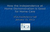How the Independence at Home Demonstration is Good for Home Care HCA Conference Call January 12, 2012.