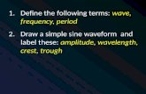 1.Define the following terms: wave, frequency, period 2.Draw a simple sine waveform and label these: amplitude, wavelength, crest, trough.
