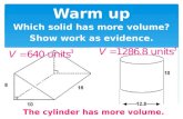Warm up Which solid has more volume? Show work as evidence. The cylinder has more volume.