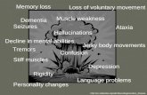 Memory loss Muscle weakness Loss of voluntary movement Dementia Hallucinations Seizures Jerky body movements Tremors Rigidity Confusion Depression Language.