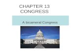 CHAPTER 13 CONGRESS A bicameral Congress. I. Bicameral Congress: 2 houses WHY??? A.Historical reasons: British parliament had two house and so did most.