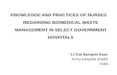 KNOWLEDGE AND PRACTICES OF NURSES REGARDING BIOMEDICAL WASTE MANAGEMENT IN SELECT GOVERNMENT HOSPITALS Lt Col Sarvjeet Kaur Army Hospital (R&R) India.