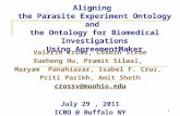 1 Aligning the Parasite Experiment Ontology and the Ontology for Biomedical Investigations Using AgreementMaker Valerie Cross, Cosmin Stroe Xueheng Hu,
