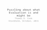 Puzzling about what Evaluation is and might be Thomas D. Cook Stockholm, October, 2015.