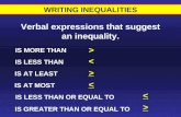 WRITING INEQUALITIES Verbal expressions that suggest an inequality. IS MORE THAN IS LESS THAN IS AT LEAST IS AT MOST IS LESS THAN OR EQUAL TO Verbal Expressions.