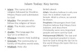 Islam Today: Key terms Islam: The name of the religion followed by Muslims. Means Peace and submission to God Muslim: The people who follow the religion.
