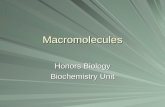 Macromolecules Honors Biology Biochemistry Unit. Essential Question What are the major macromolecules and what purpose does each serve?